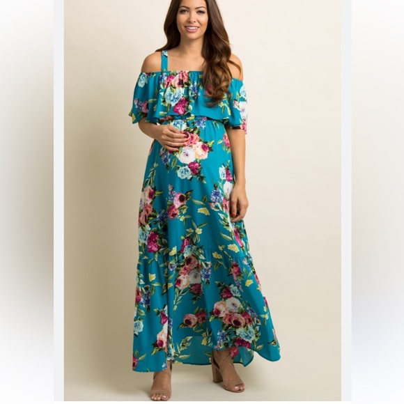 Pinkblush Dresses & Skirts - Pinkblush Maternity floral Maxi Dress in Blue and Pink size L baby shower reveal